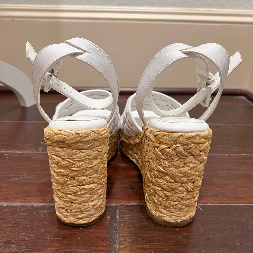 Marc Fisher White Woven Leather Espadrille Wedge Sandals